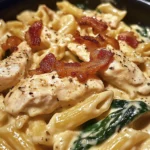 Creamy Chicken, Bacon & Spinach Pasta in Cheesy Garlic Sauce