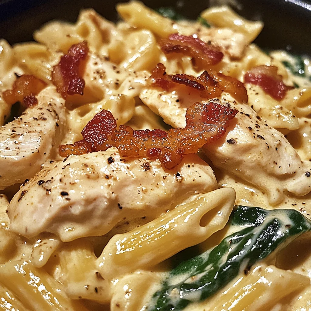 Creamy Chicken, Bacon & Spinach Pasta in Cheesy Garlic Sauce