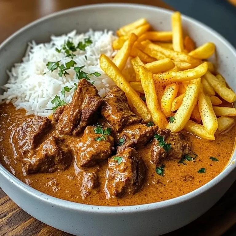 Creamy Coconut Curry Beef with Rice and Fries