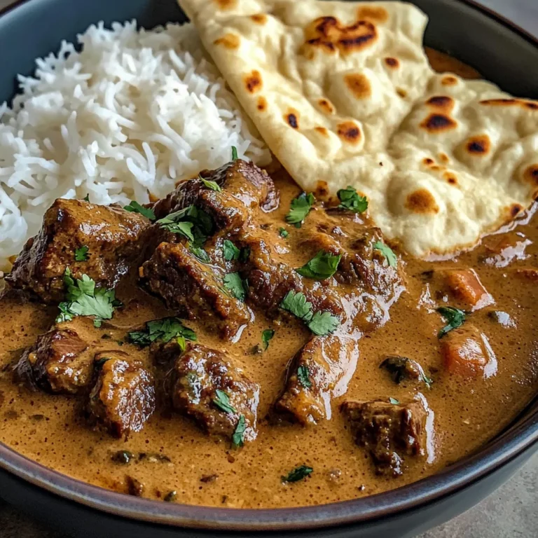 Creamy Coconut Curry Beef with Rice and Garlic Naan